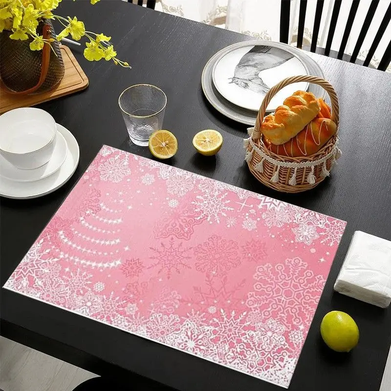 VIKAMA Pink Lace Snowflake Christmas Mat Waterproof and Insulated Table Mat Holiday Party Home Restaurant Table Decoration Mat