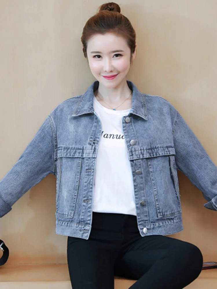 American Sle ort Loose Women's Denim Jaet Spring Autumn Hong Kong Sle Embroidered Coat Button ket Detail