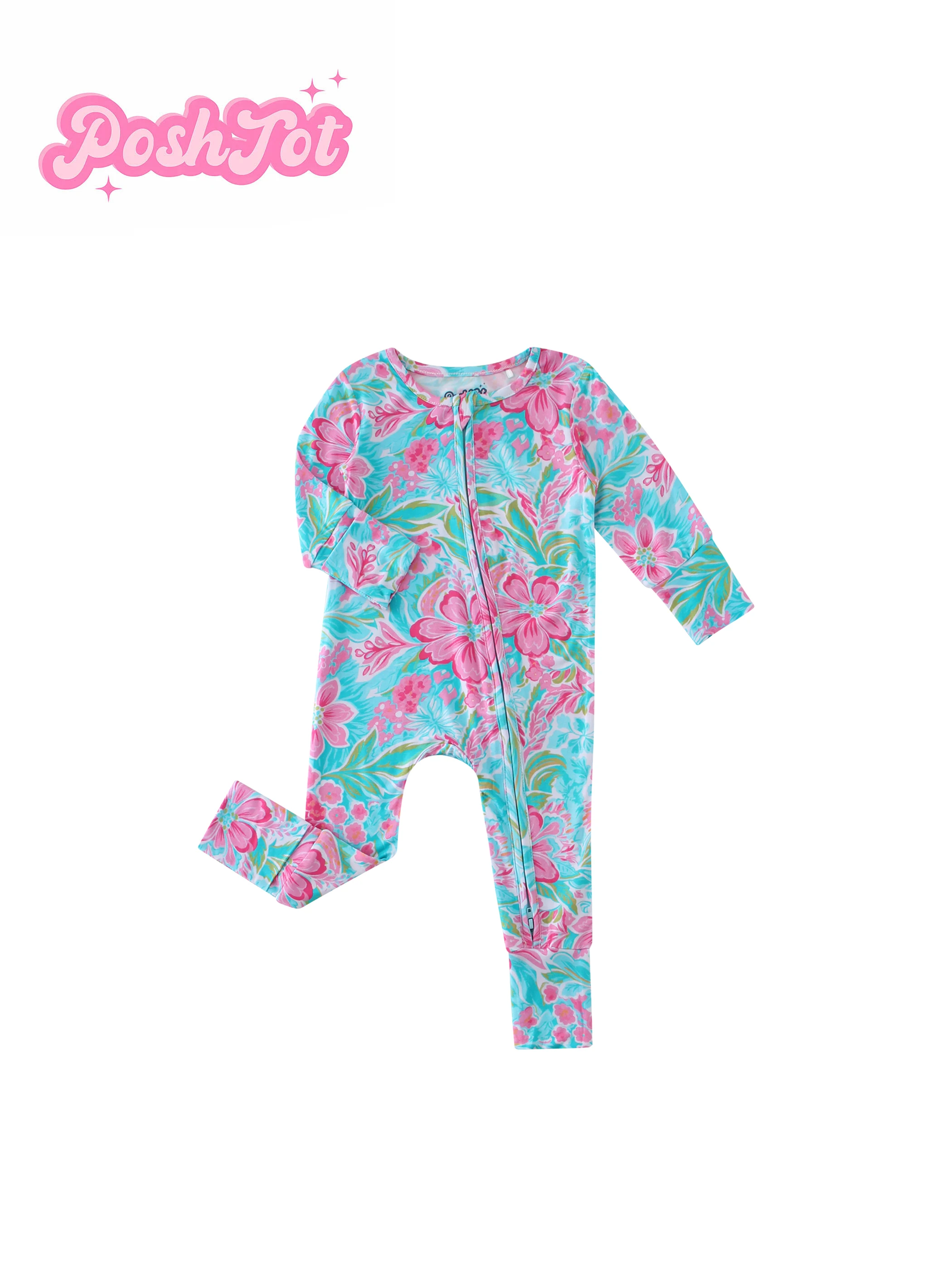 POSHTOT birchapple flower print bamboo fiber baby long sleeve. Baby pajamas two-way zipper 0-2 years romper.