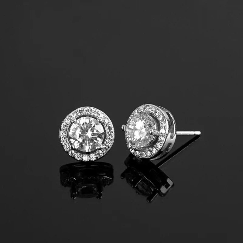 Cross-border hot-selling classic women's full diamond stud earrings round bezel faux moissanite stud earrings women's