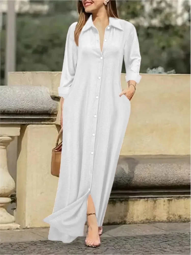 2025 nuevo vestido Primavera Verano mujer talla grande elegante estilo Neutral algodón Lino vestido largo manga larga solapa Color sólido