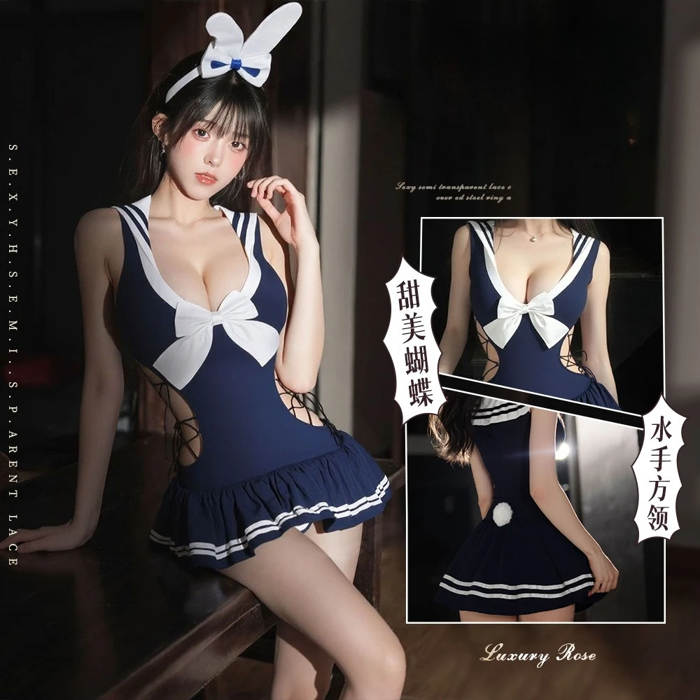 

Sexy Lingerie Campus Pure Desire Bunny Girl Role-playing Uniform Non Detachable Swimsuit Women's Tie Up One-piece Dress