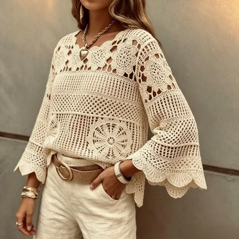New Summer Beach Boho Shirt Sweater Women Solid Crochet Knitted Top Fashion Round Neck Flare Sleeve Hollow Out Loose Crop Blouse