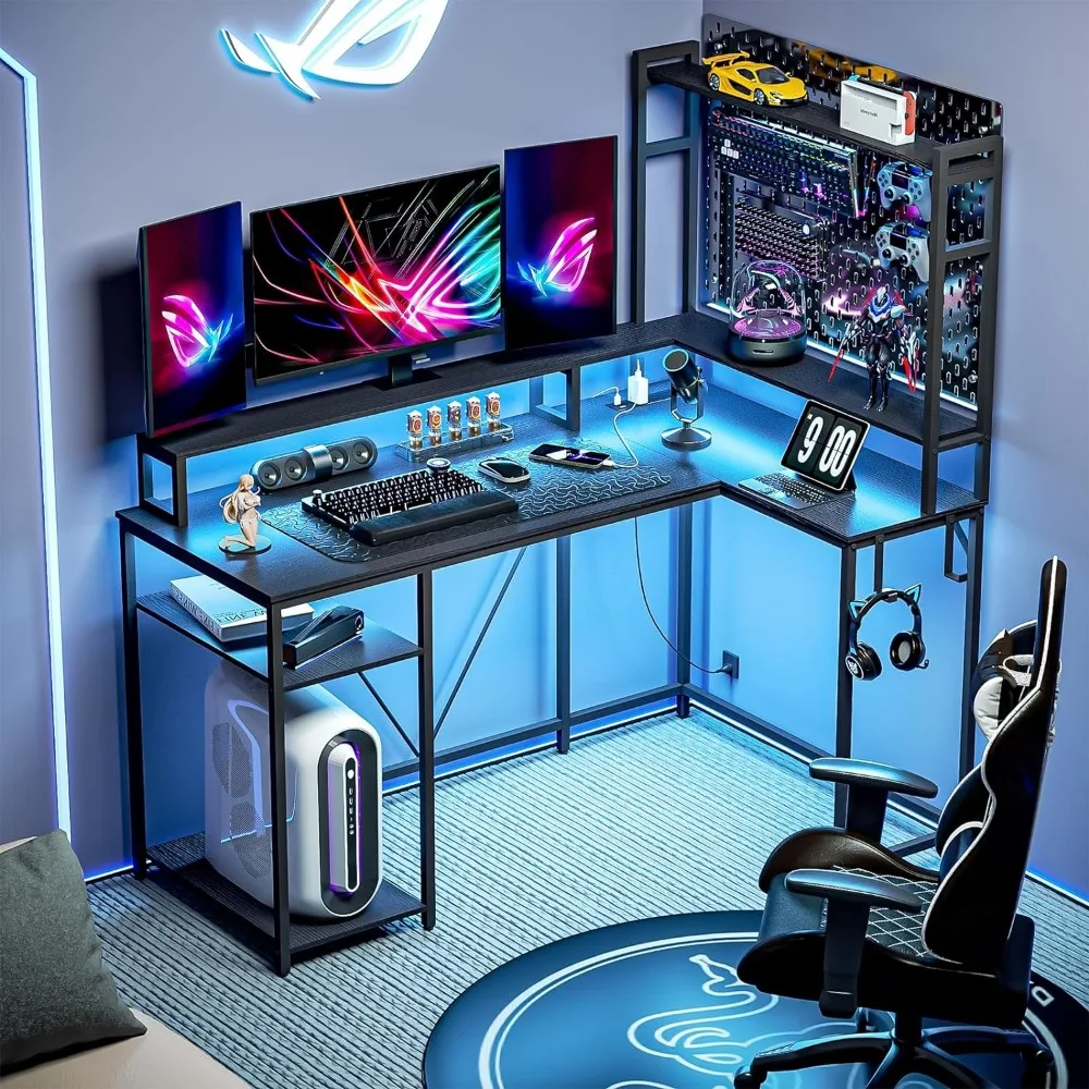 Computador Gaming Desk com luzes LED e Tomadas, Home Office Console Desk