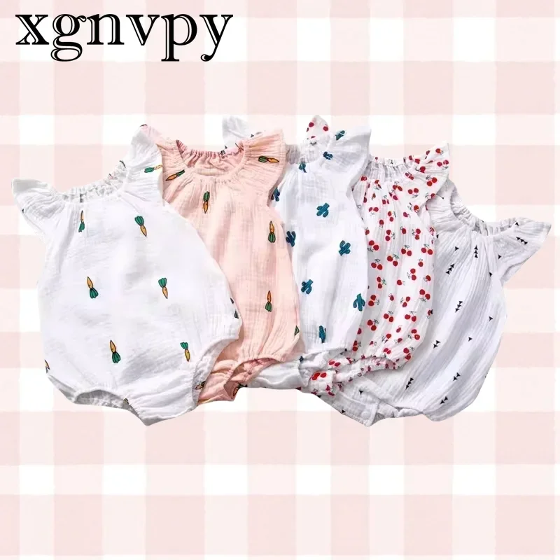 xgnvpy European and American new summer baby ins pleated short sleeve one piece crawler print cartoon cute pattern baby