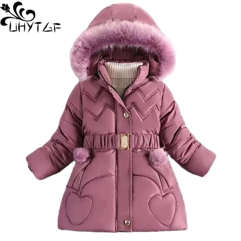 3 4 5 6 8 10 Years Winter Girls Coat Warm Thicken Kids Jacket Hooded Zipper Fur Collar Princess Outerwear Children Clothing 2794