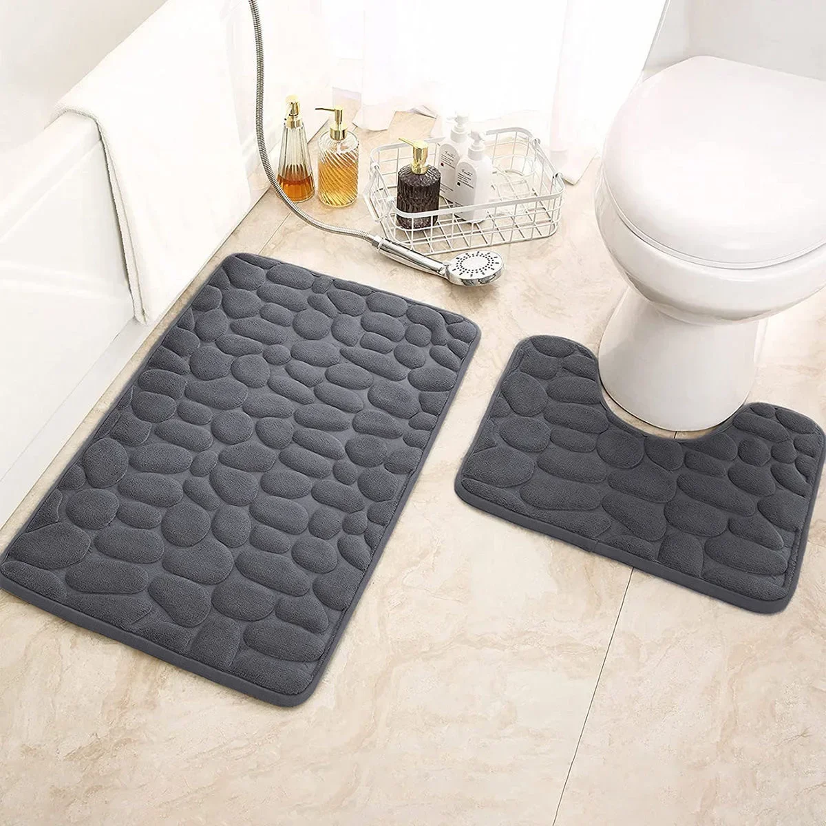 Thickened embossed pebble coral fleece floor mat, bathroom floor mat, toilet U-shaped bathroom absorbent foot mat two-piece set