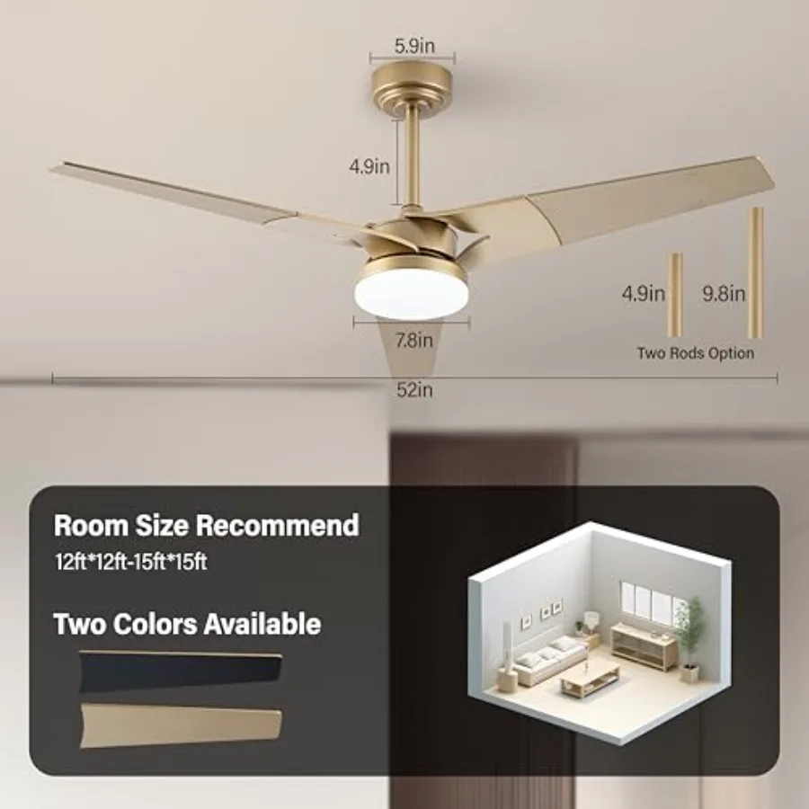 Ceiling Fan with Lights and Remote, 3 Blade App Control Timer Reversible Stepless Brightness and Color Temperature Outdoor Wood