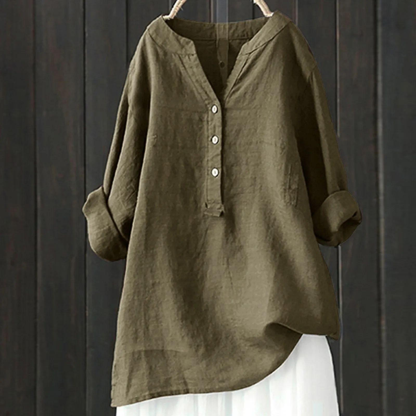 Summer Long Sleeved Baggy Tunic Shirt Vintage Button Loose Long Sleeved Shirt Solid Color V Neck Casual Fashion Linen Shirt