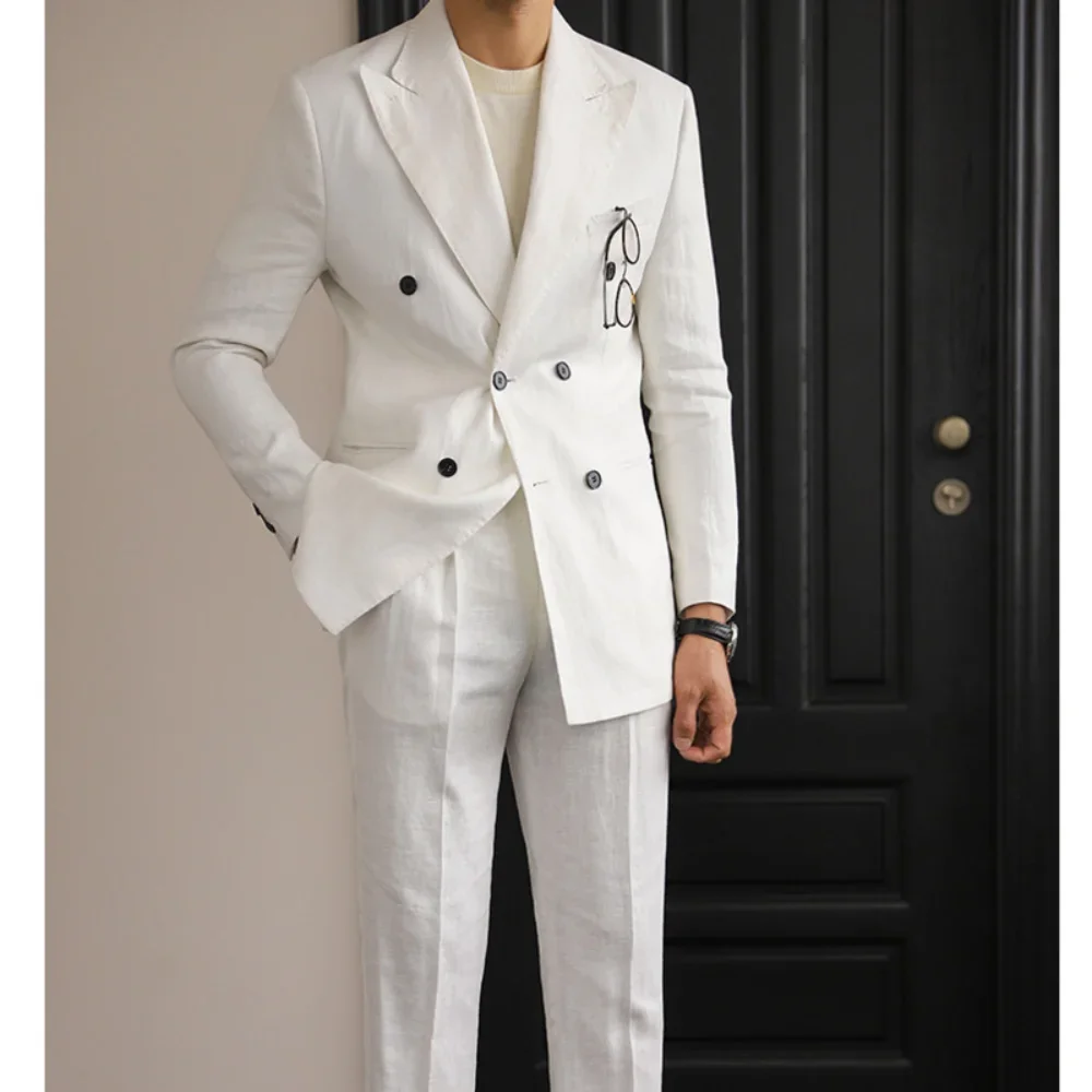 Chic Linen Suits for Men 2 Piece Fashion Peak Lapel Double Breasted Blazer Sets Business Casual Slim Beach Wedding Party Tuxedo