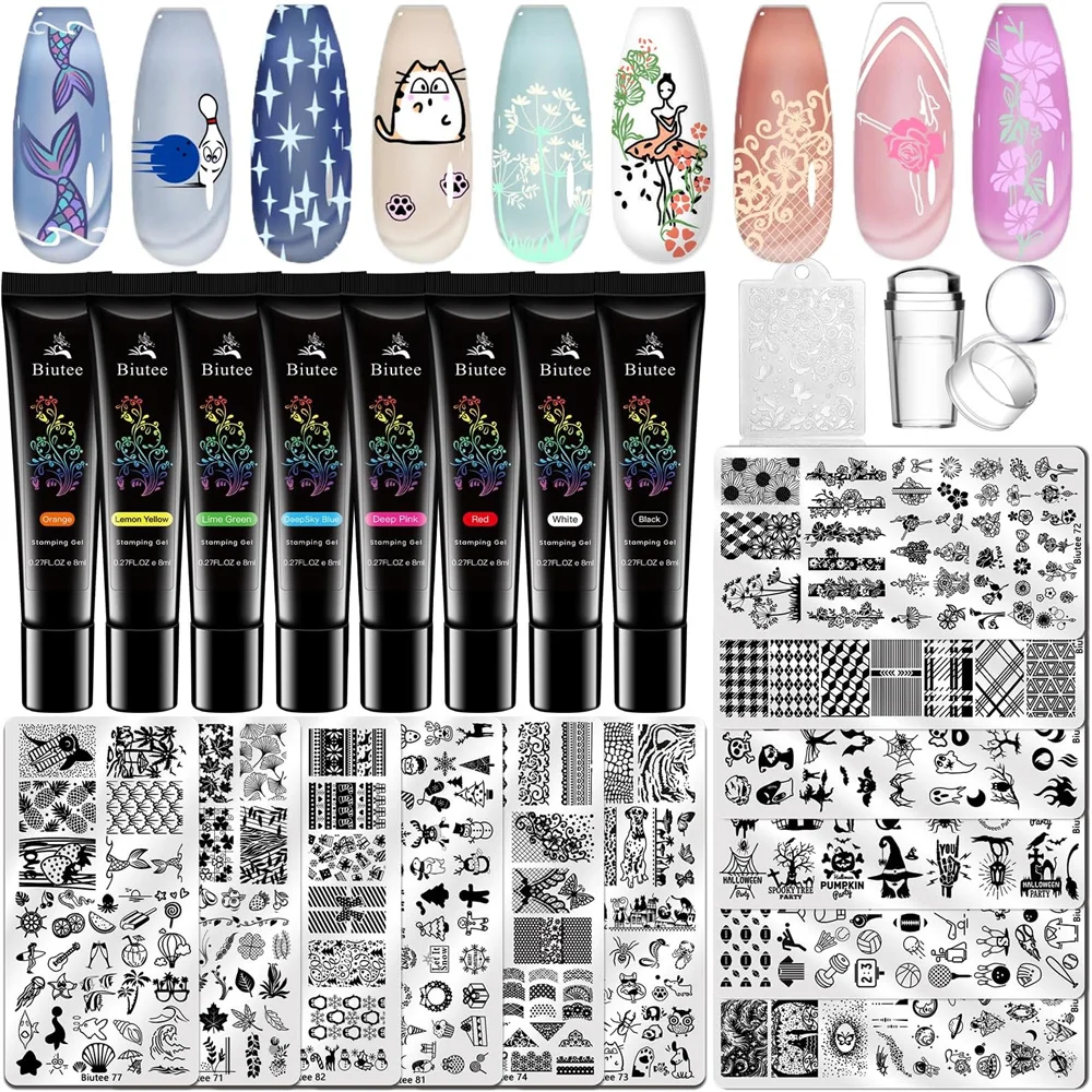 Biutee Nail Art Stamping Plate Set 8 Nail Polish Gel 12 Stamp Plate Silicone Stamper Animal Lace Girl Template Tool Valentine