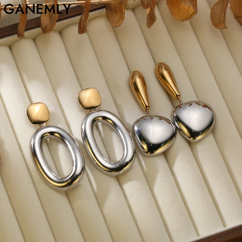 GANEMLY 316L Edelstahl Geometrische Zwei Farbe Anhänger Ohrringe Für Frauen Charme Metall Textur Wasserdichte Ohr Baumeln Schmuck