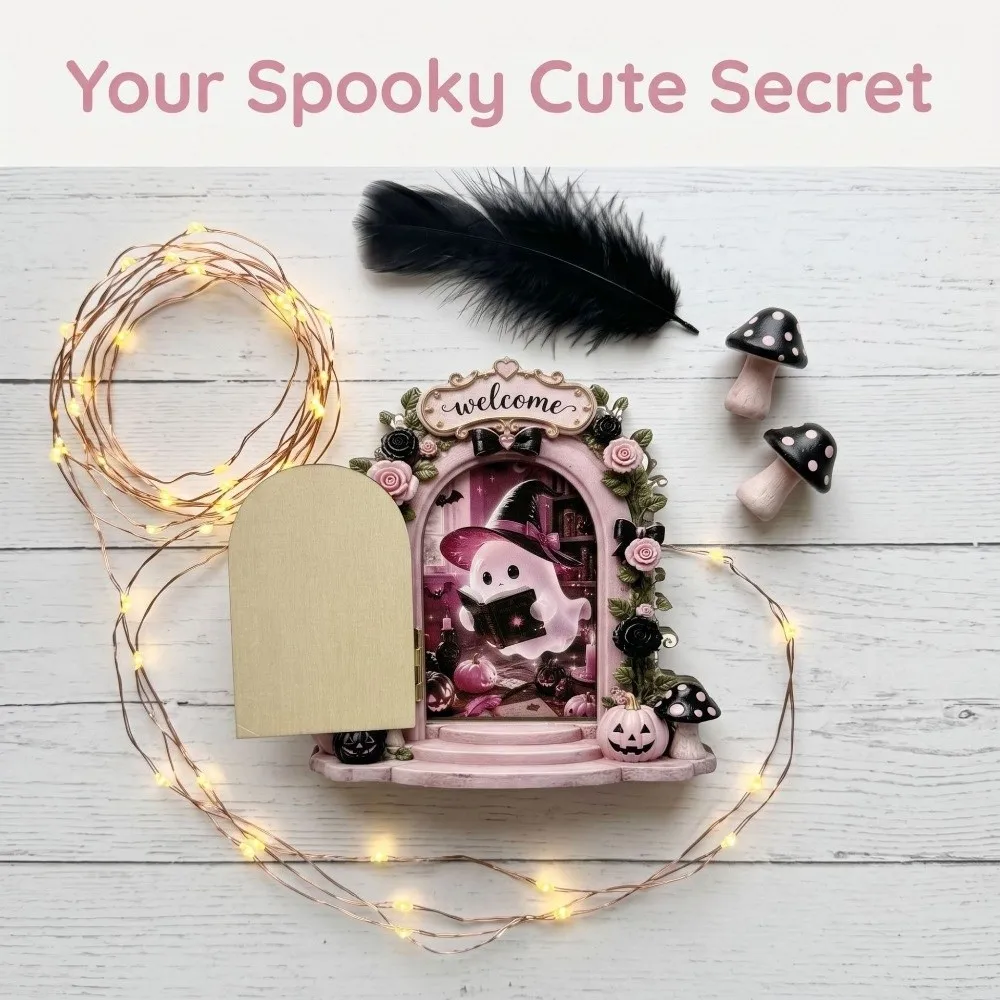 New Thick Solid Wood Halloween Door Ornament Rose Bow Arch Shape Openable Door Decoration Wooden Ghost Door Figurine Halloween