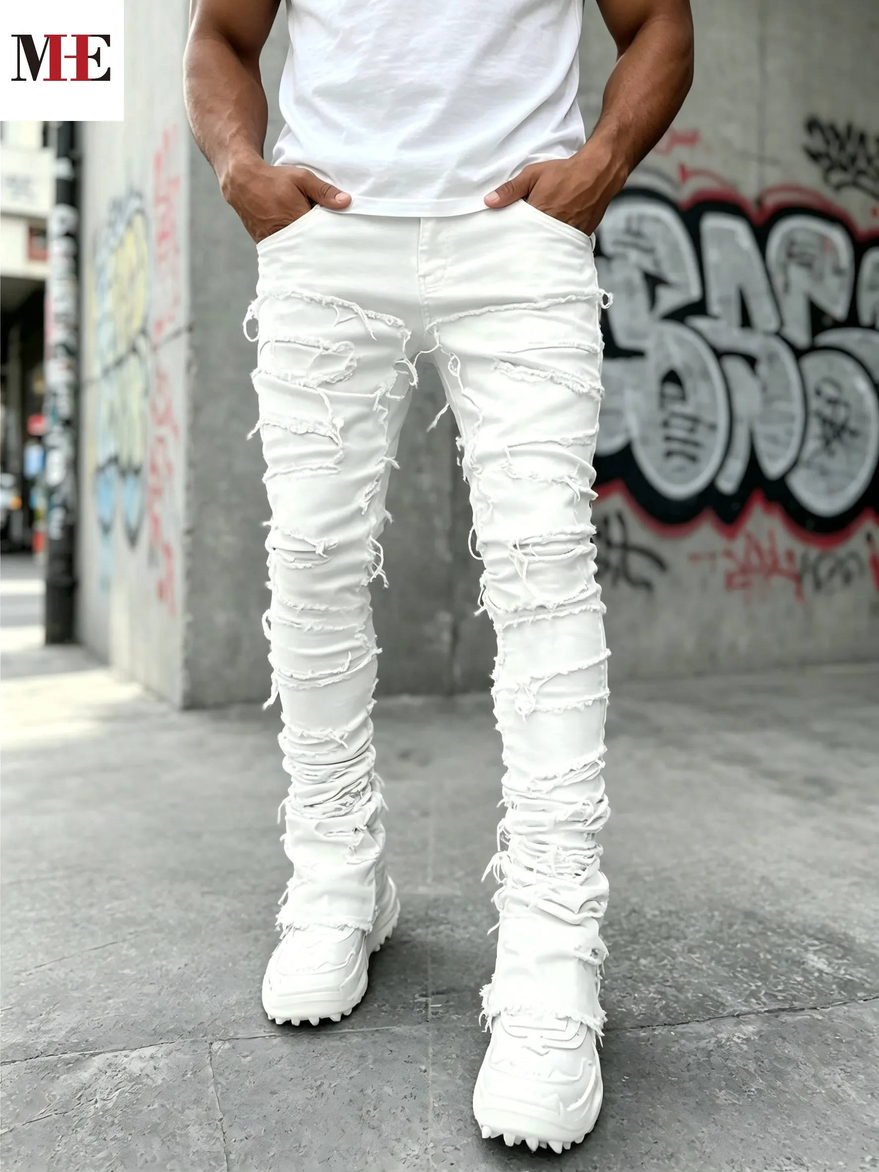 HME Men's White Denim Pants, Stacked Ripped Slim Flared Jeans with Layered Frayed Details
