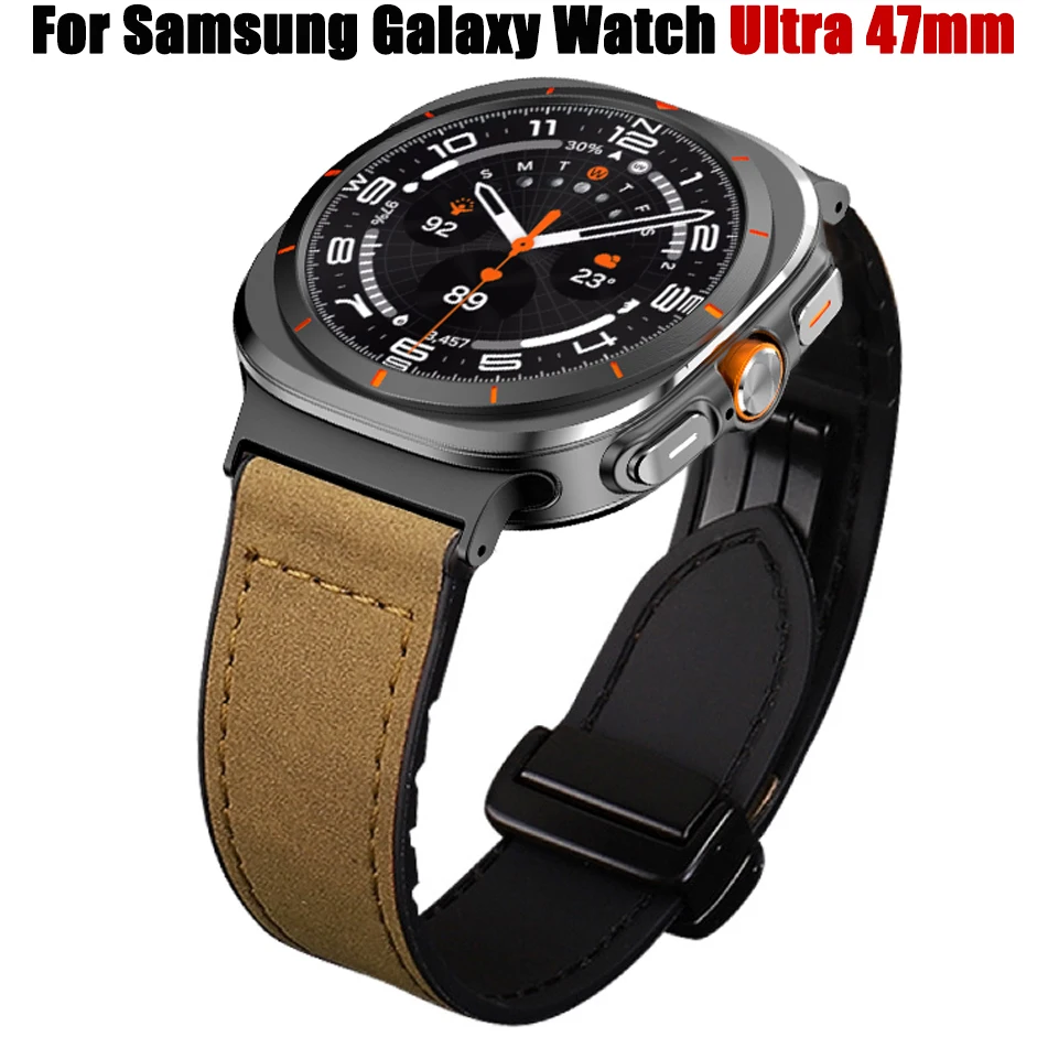 Leather Silicone Strap For Samsung Galaxy Watch Ultra 47mm Quick Fit No Gap Bracelet For Galaxy Watch 7 Ultra 47mm Magnetic Band