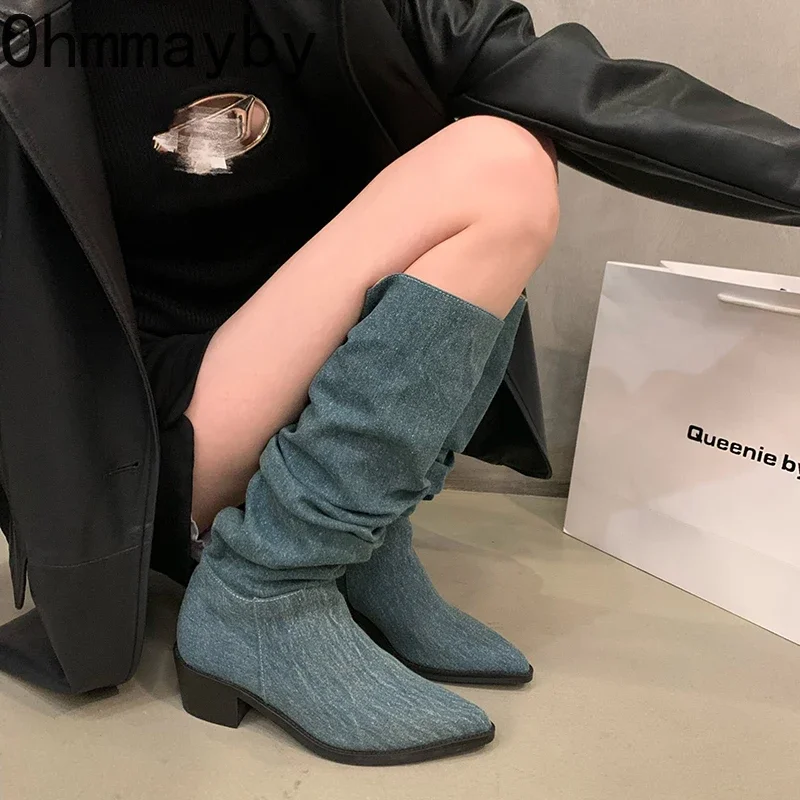 Pointed Toe Women Denim Western Cowgirl Boots Fashion Slip On Long Boots Square Heels Autumn Winter Ladies Shoes