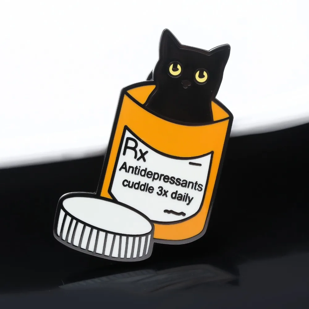 Cartoon Black Cat Medicine Bottle Alloy Brooch Antidepressant Medical Prescription Humorous Nurse Badge Decoration Holiday Gift