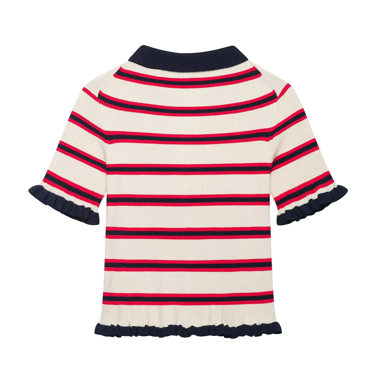 BSAY Neuer Preppy-Style Gestreifter Strickpullover für Damen Kontrast-Kragen Kurzarm Rüschenkante Knopfleiste Slim Fit Sommer Strickbluse – Detail 3