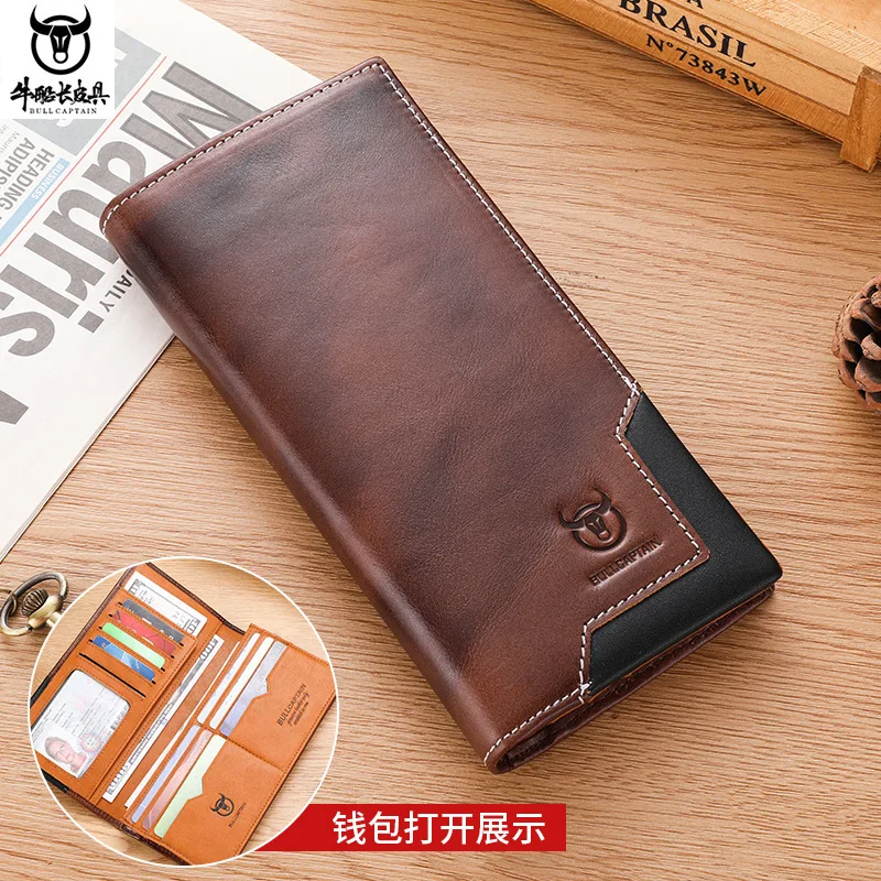 

Genuine leather men's wallet, oil-waxed leather retro long money bag, top layer cowhide double-fold large capacity change wallet