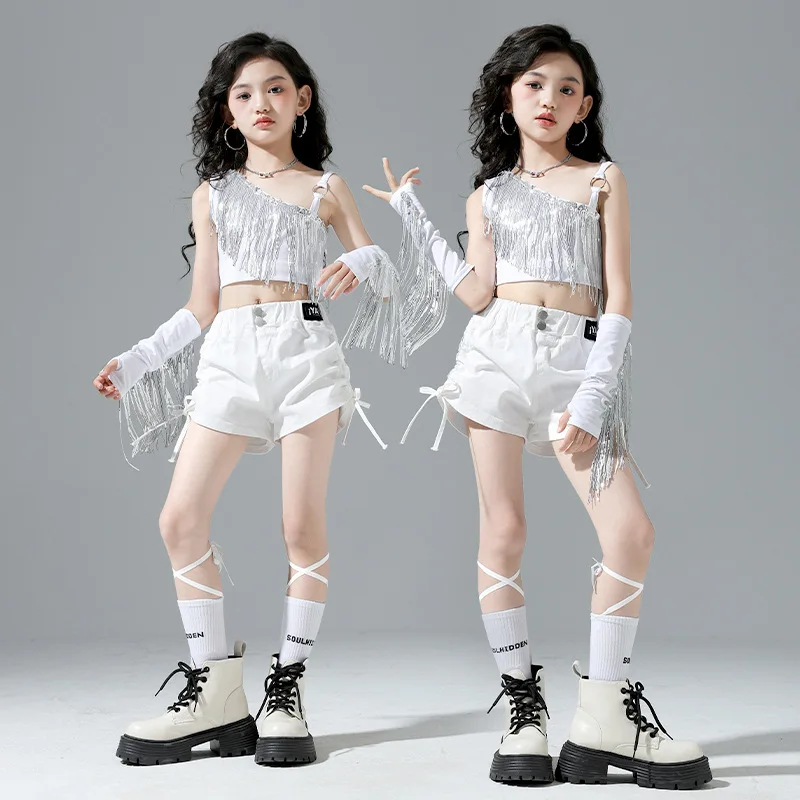 Girls' street dance performance costume girls crop top jazz dance performance trendy catwalk show sequined tassel jazz dance set