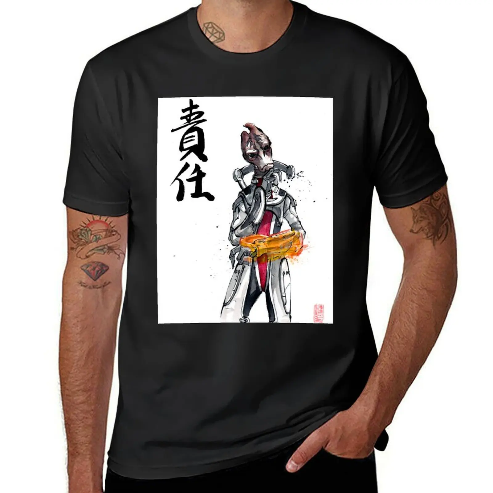 Mordin from Mass Effect Sumie Style with calligraphy Responsibility T-Shirt anime blanks black t-shirts for men