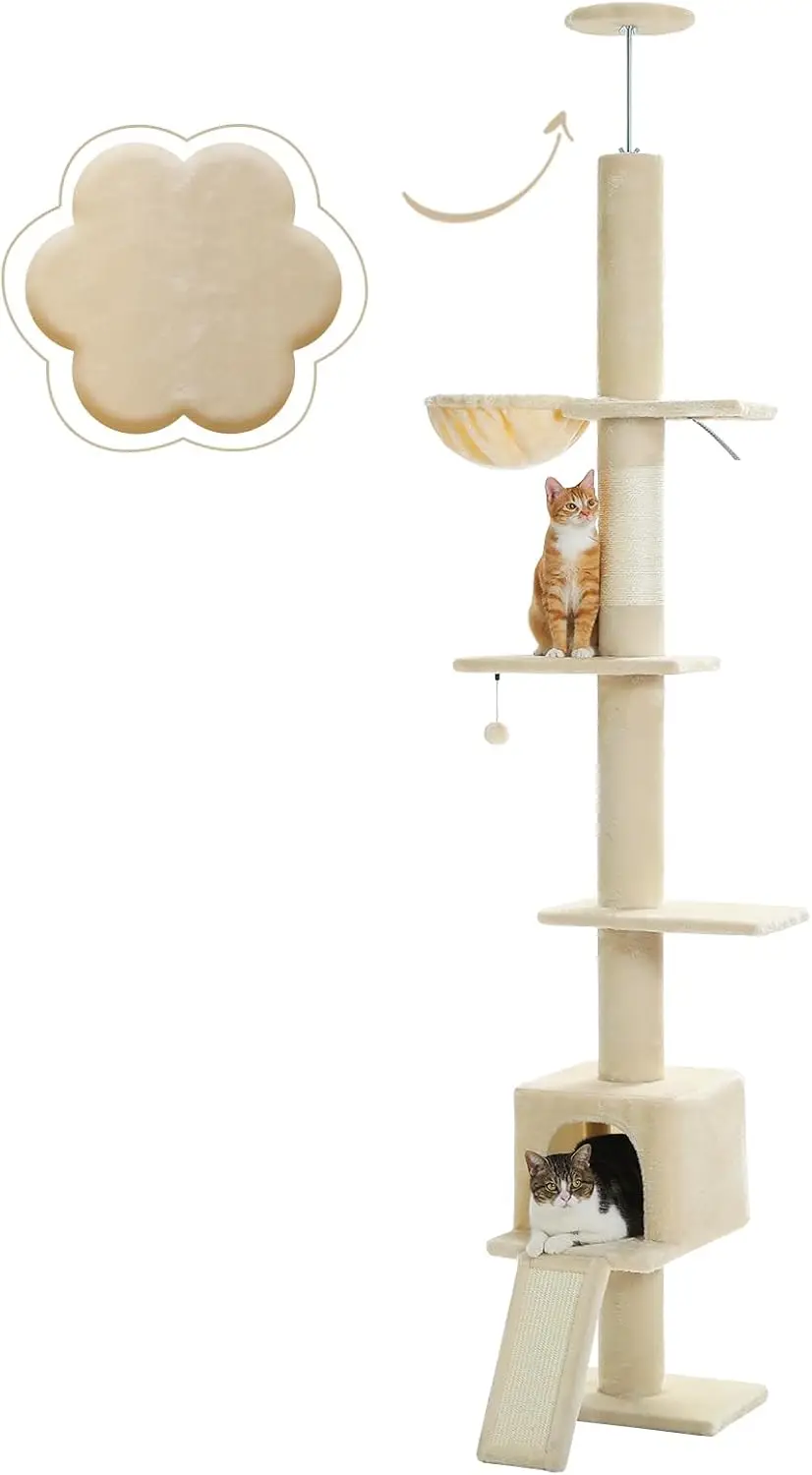 Floor to Ceiling Cat Tree, 5‑Level Tension‑Mounted Tall Cat Tower with Cozy Condo, Hammock and Sisal Scratching Post, Wide Base for Indoor Adult Cats