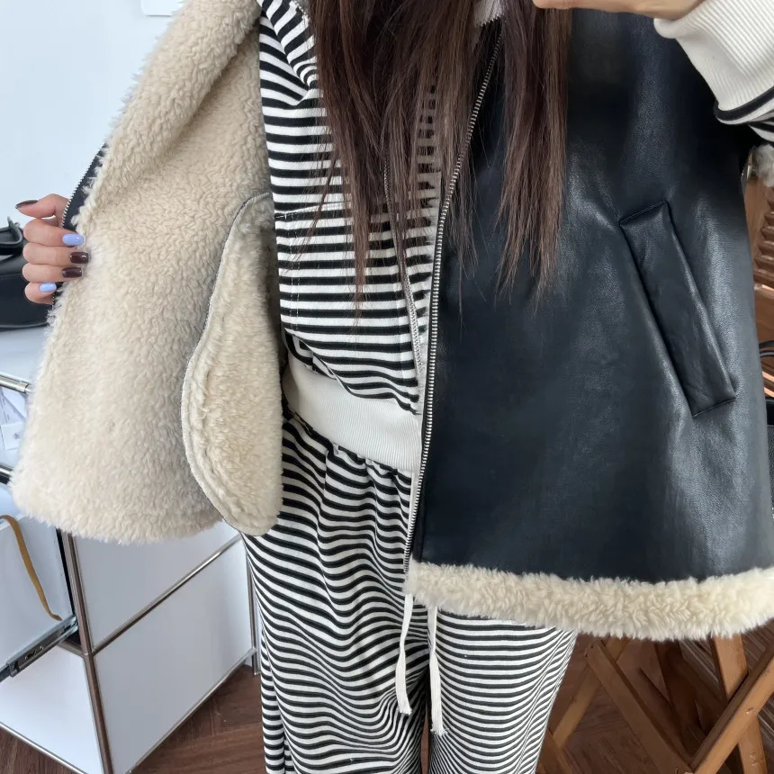 السيدات شيك ريترو فضفاض فرو الضأن Jaet السائق Sle كل مباراة الخريف الشتاء وصول جديد معطف الجلد والجلد