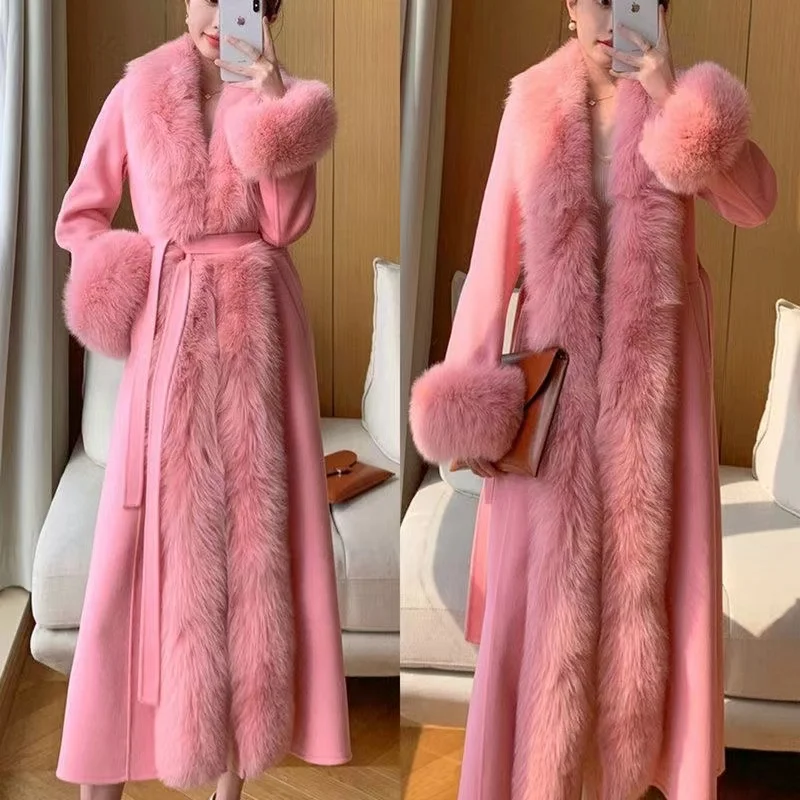 Women's New Cashmere Wool Coat Winter Cardigan Fox Fur Collar Long Woolen Jacket Female Fashion Windproof Imitation Fur Outwear