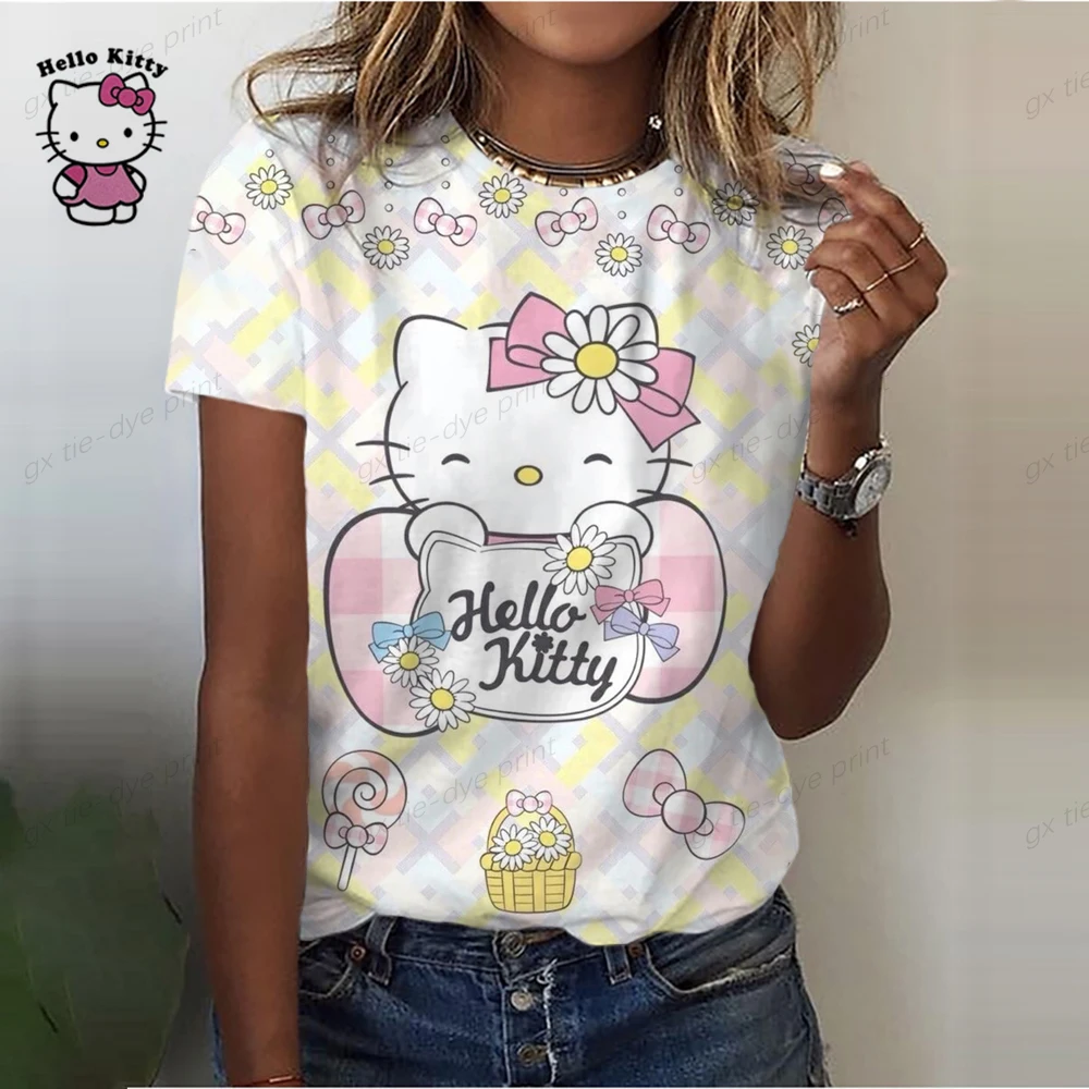 2023 new summer women's short-sleeved Hello Kitty printed cute shirt V-neck top T-shirt fashion casual women's loose T-shirt