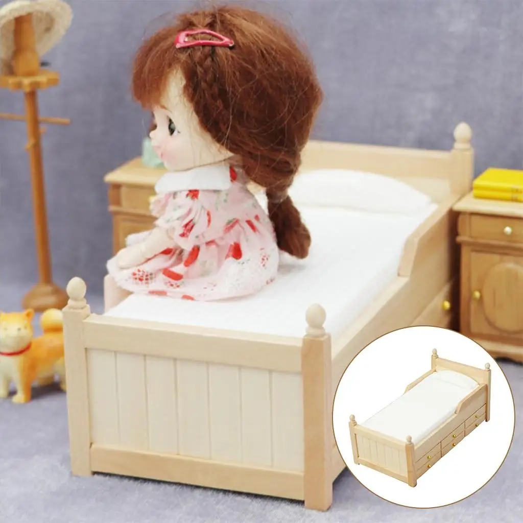 

1/12 Miniature Dollhouse Single Bed with Drawer Model Home Bedroom Toys