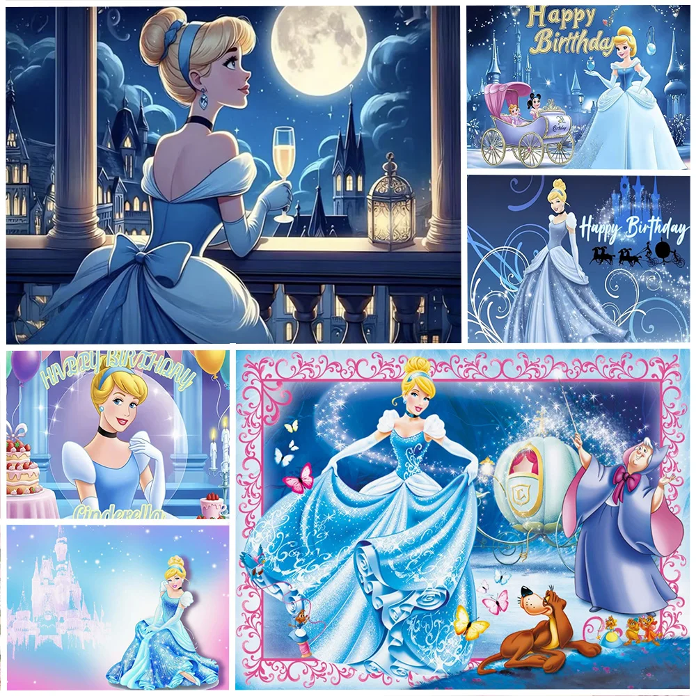 

Disney Cinderella Princess Birthday Party Decoration Backdrop Fantasy Fairy Bluey Crystal Slippers Girls Background Photo Studio