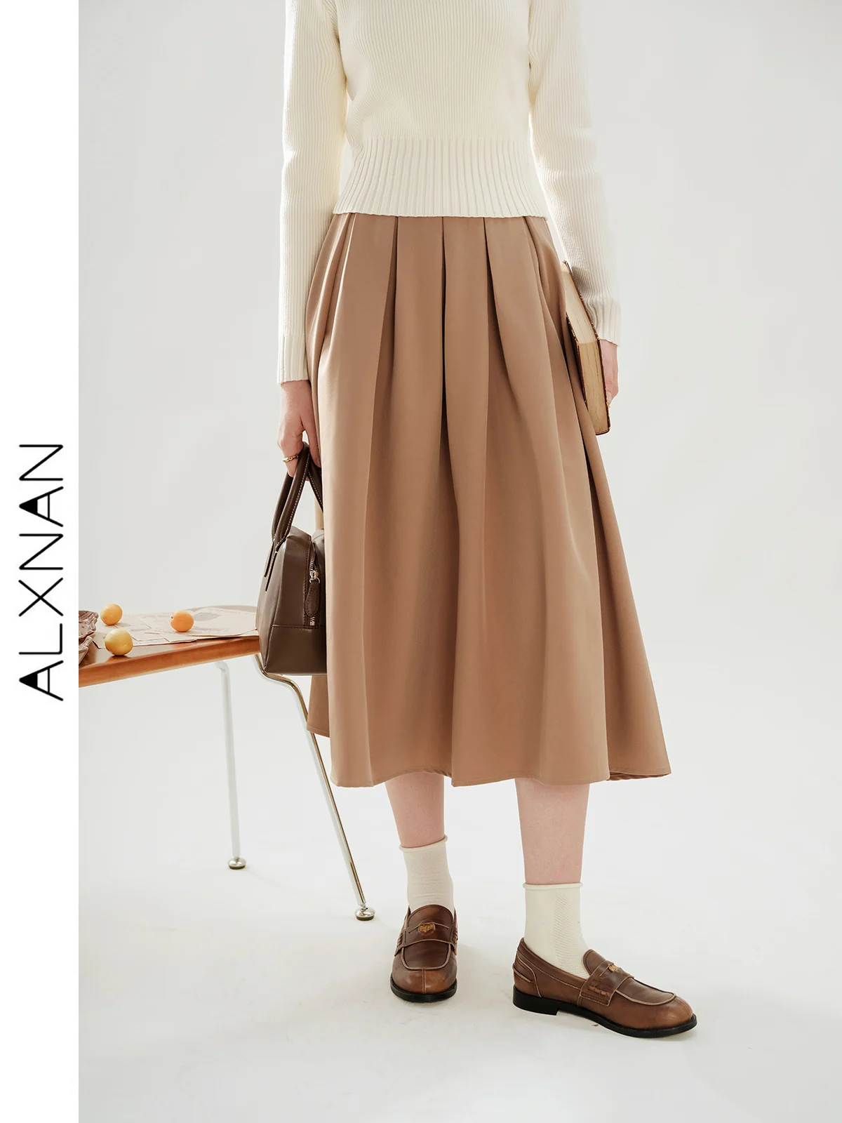 ALXNAN-Jupe plissée décontractée pour femme, nouveauté automne hiver 2024, ligne A, taille haute, slim fit, midi, vêtements féminins, TM00affair