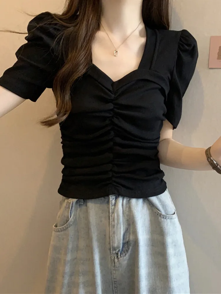 

Женская футболка больших размеров с квадратным вырезом, рукавами-фонариками, утягивающим эффектом и складками, летний базовый топ для любого типа фигуры