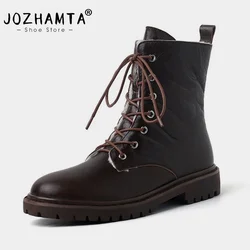 JOZHAMTA Size 34-42 Women Genuine Leather Wool Winter Ankle Boots Warm Snow Boots Platform High Plush Motorcycle Boots Shoes