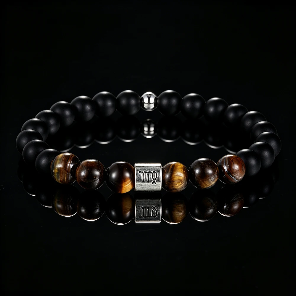 Handgefertigtes 12-Sternzeichen-Armband, elastisch, mit natürlichen Tigeraugensteinperlen, Sternzeichen-Anhänger, Unisex-Geburtstagsgeschenk für Männer und Frauen – Detail 3