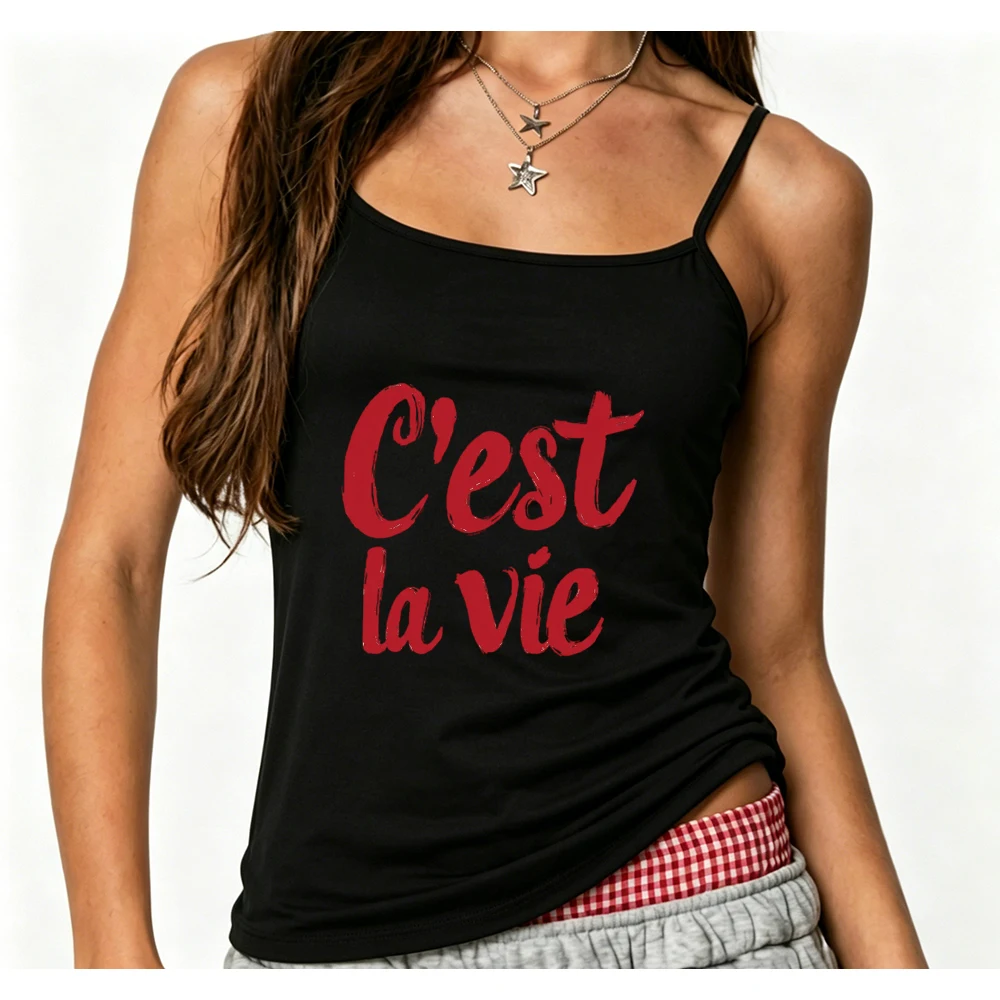 Vintage Cest La Vie Camisole Cute French Typography Tank Top Retro Summer Vibe Cami Harajuku Streetwear Crop Top Womens