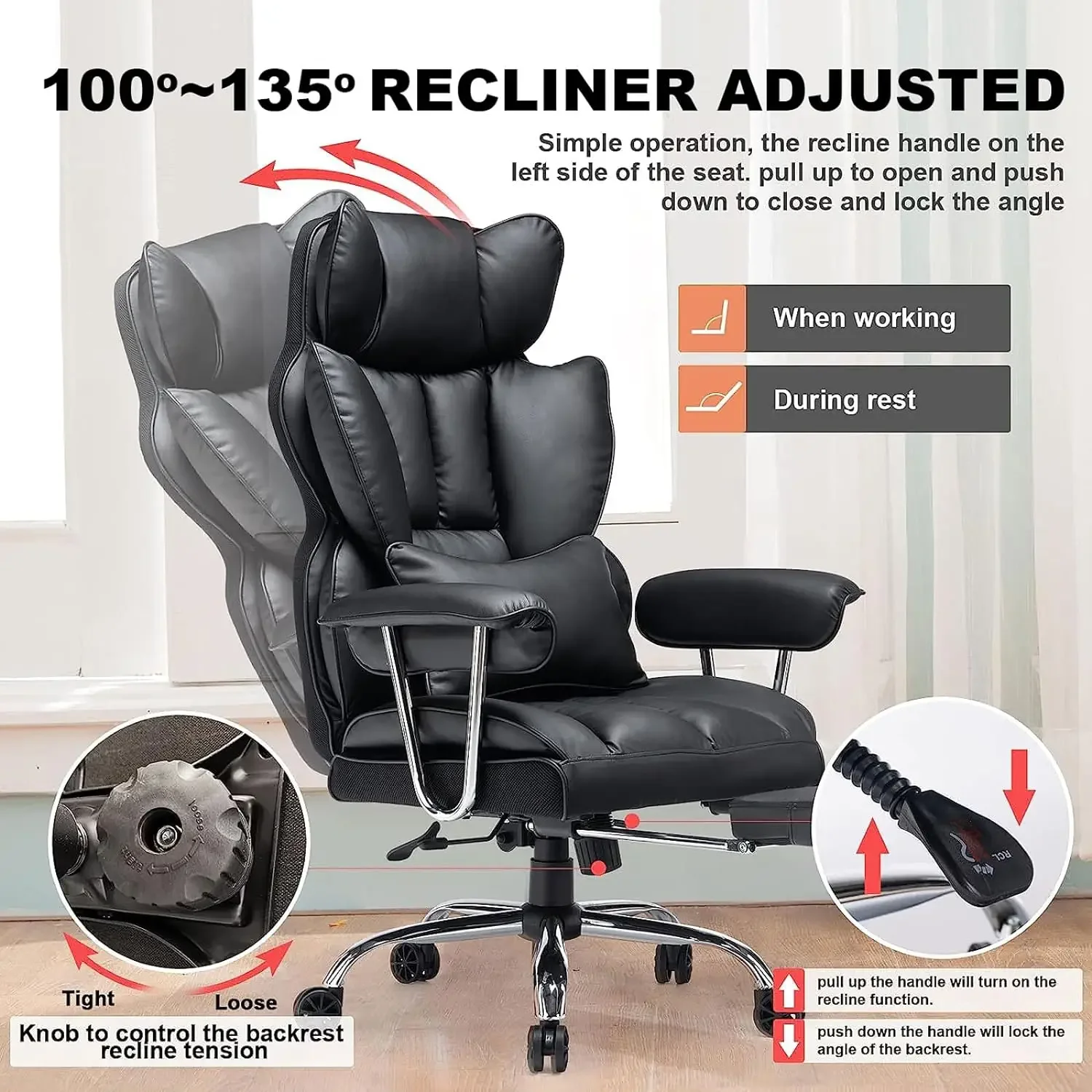 Desk Office Chair 400LBS, Big and Tall Office Chair, PU Leather Computer Chair, Executive Office Chair with Leg Rest and Lumbar