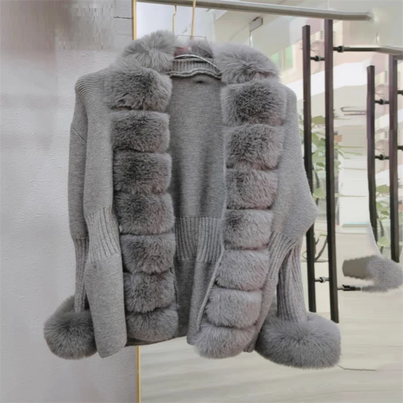 Faux Fur Coat Patchwork Knit Fur Knitted Cardigan Detachable Collar Jacket Sweater Bandage Autumn-winter Women's Fur Cardigan