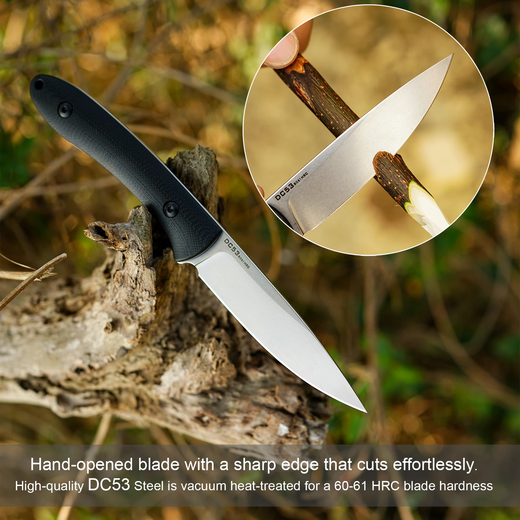 FORESAIL Fixed Blade Knife,Full Tang Design.DC53 Steel and G10 Handle,with Kydex Sheath,EDC Knife Outdoor Hiking Camping Knives.