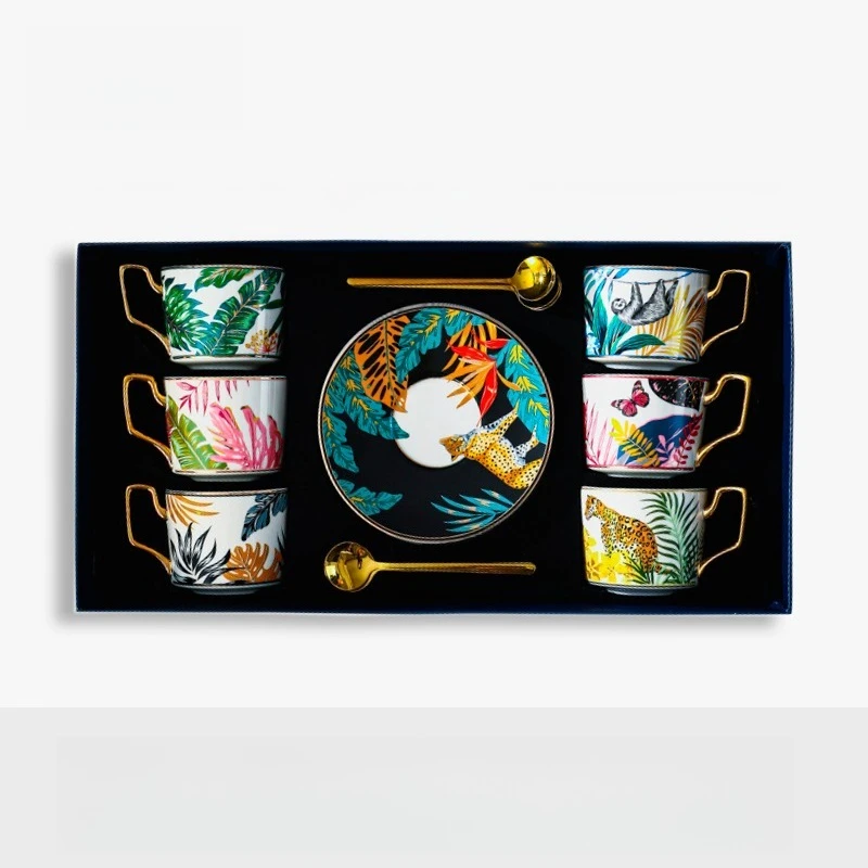 Conjunto de xícara de café com animais da selva, retrô, inglês, chá da tarde, com seis xícaras e colheres em uma caixa