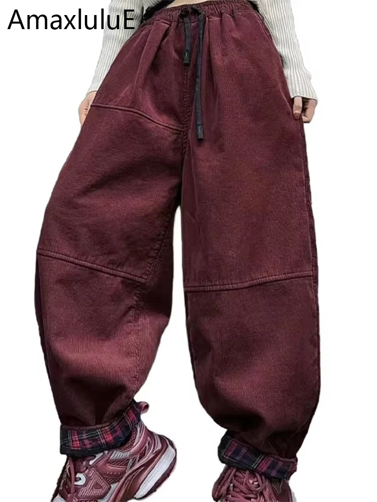 Amax luluE Winter Womens Corduroy Fur Pantalons Fashion Loose Harem Trousers Ladies Classic Casual Vintage Warm Thicken Clothing