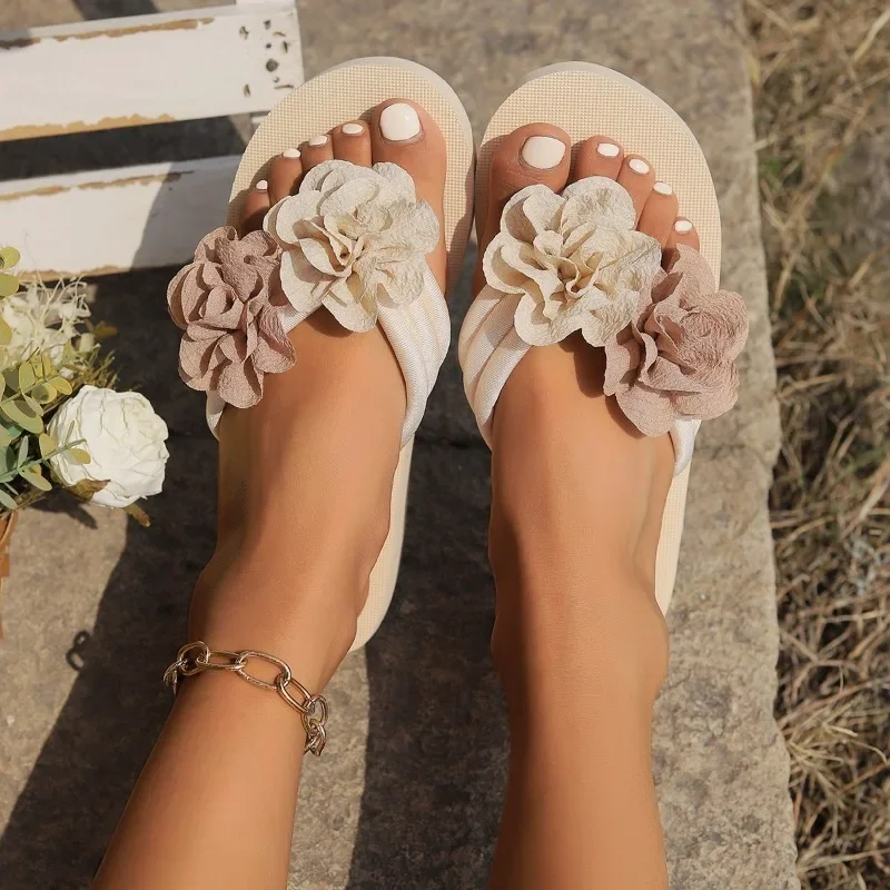 Flip Flops for Women Summer New Platform Clip Toe Flower Slippers Ladies Casual Slip-On Flats Slides Beach Sandals Plus Size 43