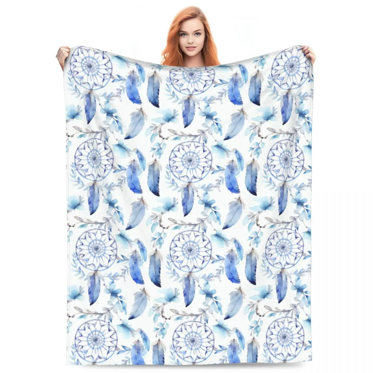 

Blue Dreamcatcher With Feathers Blanket Flannel Sofa Throw Blanket Soft Throw Blankets for Couch Bedding Throws Bedspread Quilt