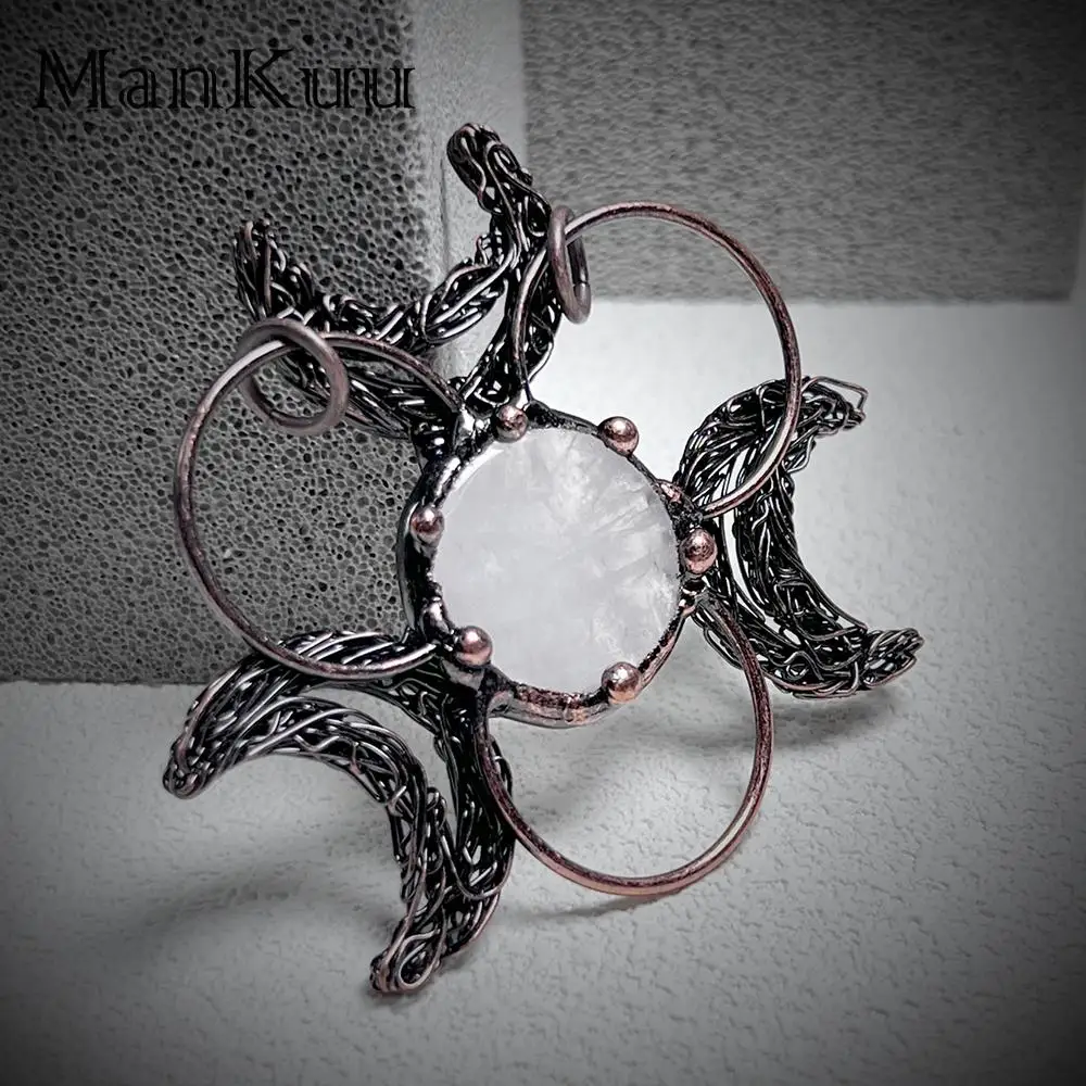

mankuu vintage bronze plated round natural rose quartz crystal stones moon shape circle pendant necklace jewelry for women men