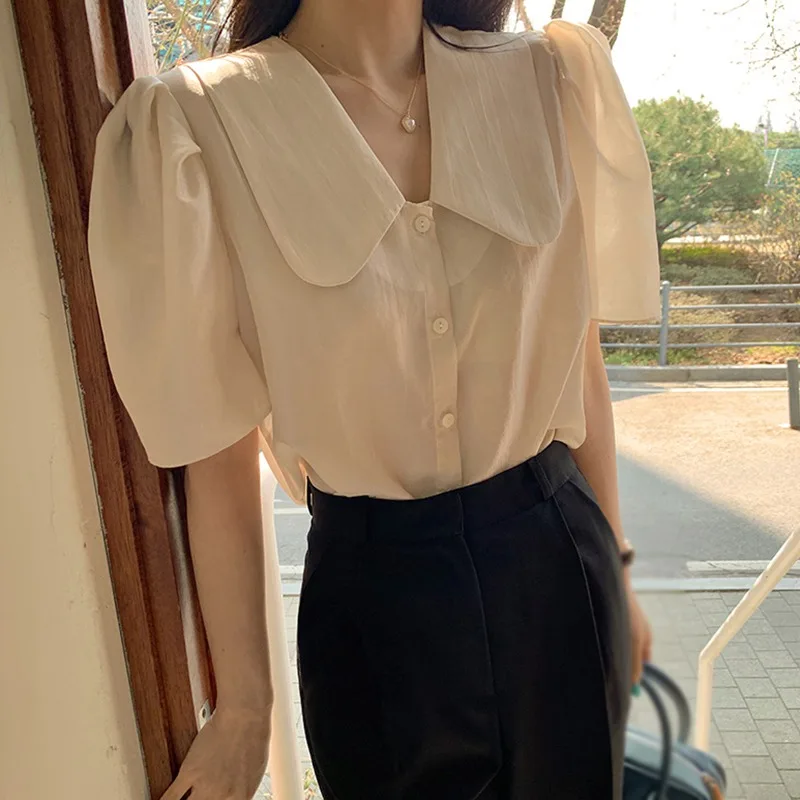 

Blouse For Women Summer Gentle Elegant Apricot Doll Collar Shirt Single-breasted Loose Versatile Short Sleeve Blouse Top