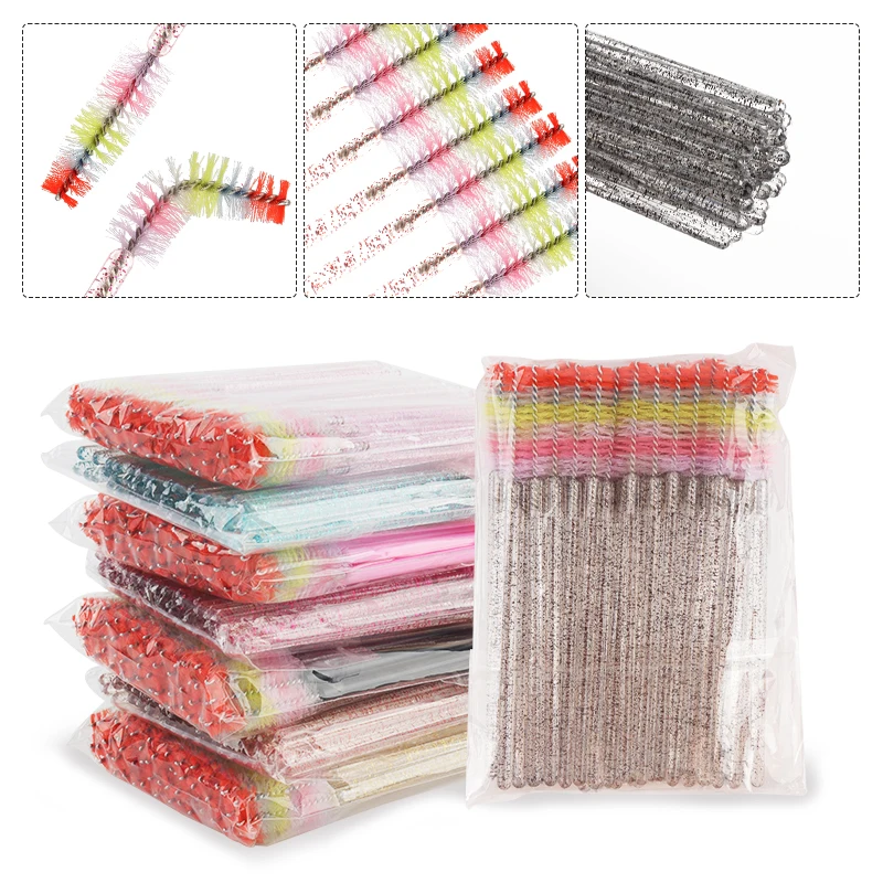 50 Stück Einweg-Wimpernbürsten mit Kristallgriff, Regenbogenfarbene Mascara-Stäbchen, Wimpernspoolies, Make-up-Wimpernverlängerungs- und Augenbrauenwerkzeuge