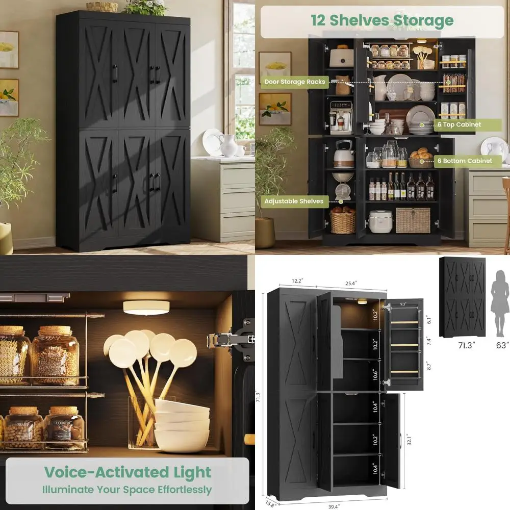 

Большой деревянный шкаф для хранения вещей с 12 полками, 71,3 В x 39,4 Вт, светодиодная подсветка, 6 дверей сарая, органайзер для кухонной кладовой