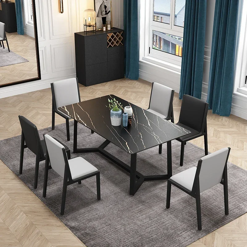 

Light Luxury Dining Tables and Chairs Set Nordic Stone Plate Solid Wood Combined Dining Table Post-Modern