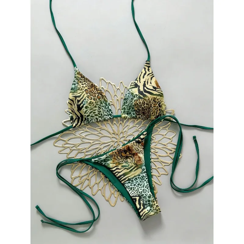 

Sexy Leopard Print Two Piece Swimsuit Set Triangle Bra Suspender Halter Backless Bikini Set Beach Vacation Lace-up Swimwear