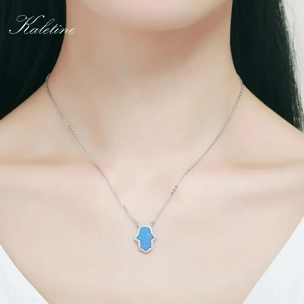 KALETINE Opal Hamsa Hand of Fatima Charm Genuine 925 Sterling Silver Pendant Necklace Jewelry Long Chain Necklace KLTN022